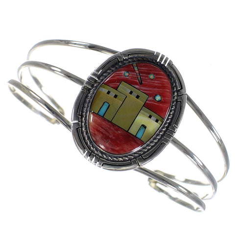 Multicolor Native American Village Design Silver Cuff Bracelet CX50158